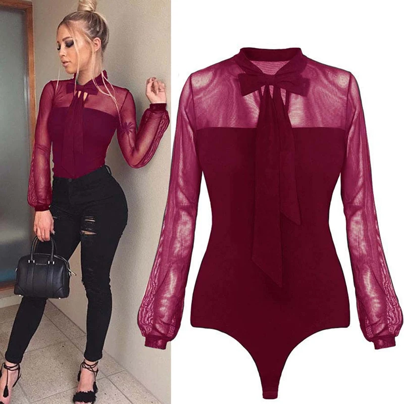New Summer Bodysuit Women Sexy Bow Mock Neck Patchwork Long Sleeve Back Ladies Lace Mesh Bodysuit Transparent Tops
New Summer Bodysuit Women Sexy Bow Mock Neck Patchwork Long Sleeve Back Ladies Lace Mesh Bodysuit Transparent Tops