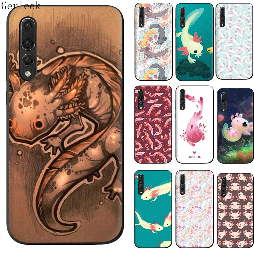 Черный мягкий ТПУ милый животный Axolotl чехол для Huawei P8 P9 P10 Lite P20 Pro MINI 2015 2016 2017 P Smart