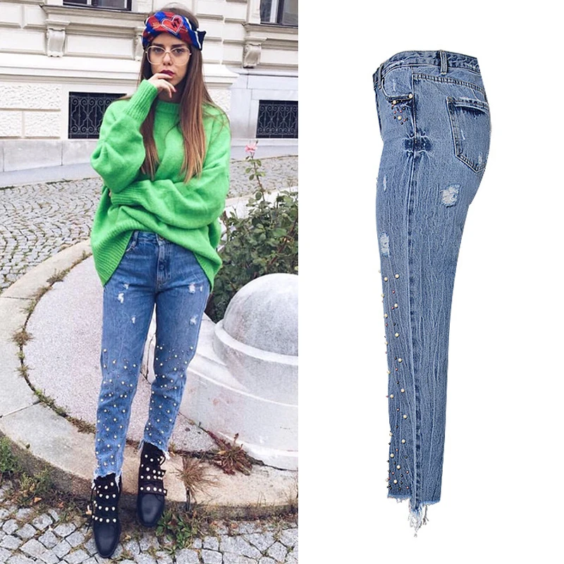 CamKemsey Fringe Tassel Ripped Jeans For Women Spring Autumn High Waist Pearl Beaded Frayed Woman Blue Denim Pants | Женская одежда