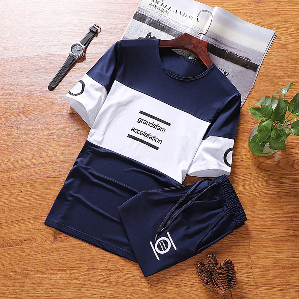 Casual Men's Summer Thin Set Cotton Contrast Short Sleeve Sports Set Sports Thin Sets Y604