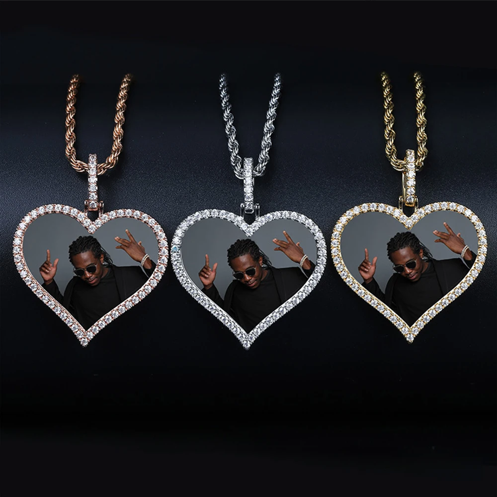 Сделанное на заказ фото сердце медальоны Iced Out CZ кулон ожерелье с веревкой