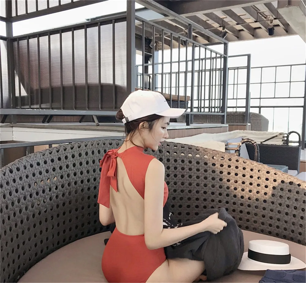 2019 корейский сексуальный черный цельный купальник Одноцветный женский с пуш-ап