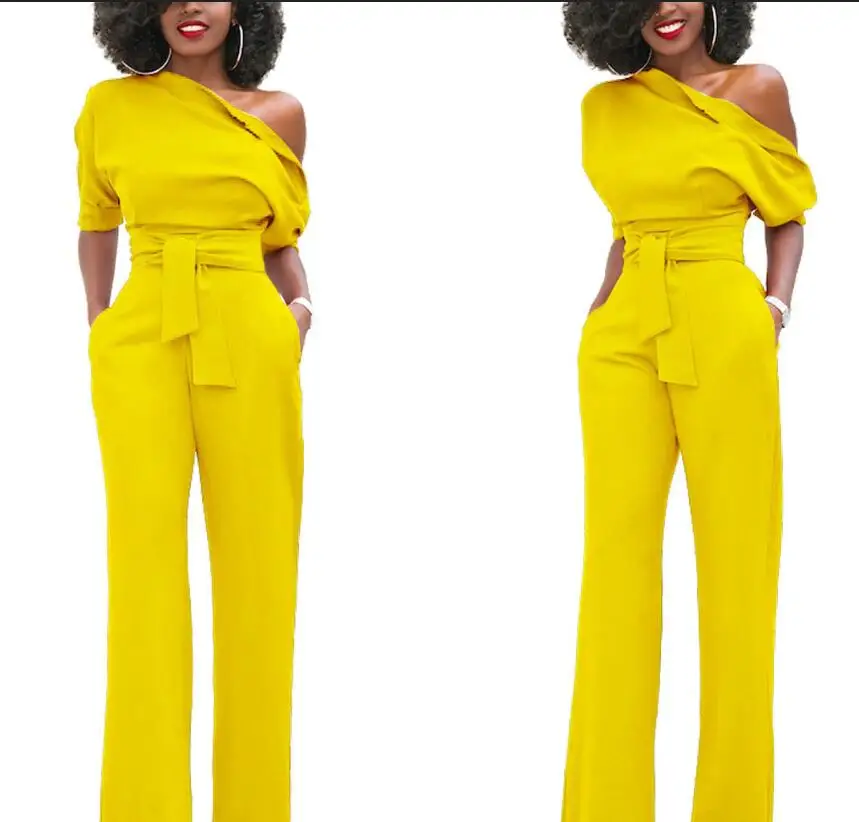 Fashion women's jumpsuit classic solid color oblique collar five-point sleeve plus size wide leg pants belt Slim high quality
Fashion women's jumpsuit classic solid color oblique collar five-point sleeve plus size wide leg pants belt Slim high quality