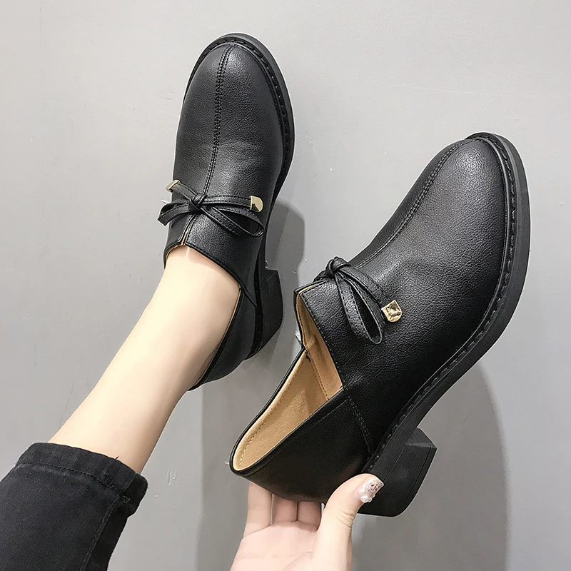 

2019 New Lace Up Oxfords Women Flats Platform Shoes Woman Soft Leather Round Toe Heels Brogues Creepers Black Ladies Loafers