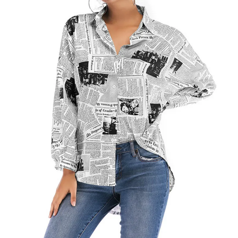 2019 Spring Women Letters Print Newspaper Shirts Streetwear Long Sleeve Shirts Plus Size Loose Ladies Tops White Blouse Blusas
2019 Spring Women Letters Print Newspaper Shirts Streetwear Long Sleeve Shirts Plus Size Loose Ladies Tops White Blouse Blusas