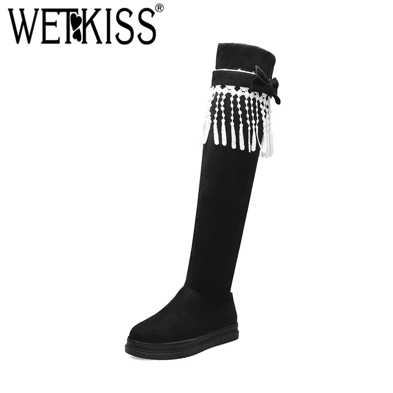 WETKISS/Черные Сапоги выше колена с бантиком-бабочкой женская обувь на толстой