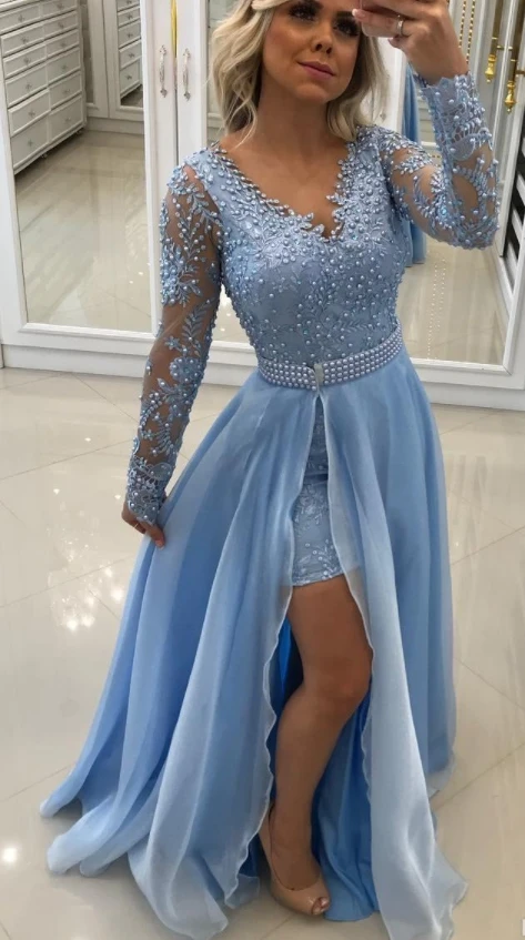 Blue Long Sleeves Prom Dresses With Removable Skirt 2019 Long Tulle Chiffon Beaded Evening Dress V Neck Slit Formal Party Gowns
Blue Long Sleeves Prom Dresses With Removable Skirt 2019 Long Tulle Chiffon Beaded Evening Dress V Neck Slit Formal Party Gowns