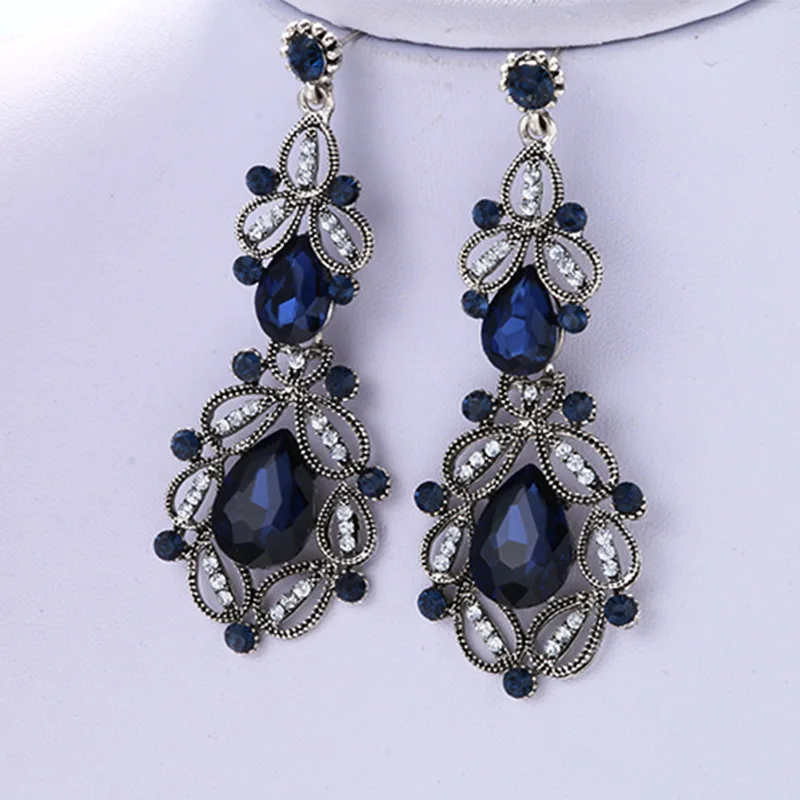 

LNRRABC Allergy Free Unique Silvery Hot Sale 1Pair Golden Exquisite Fashion Big Long Blue Crystal Vintage Flower Drop Earrings