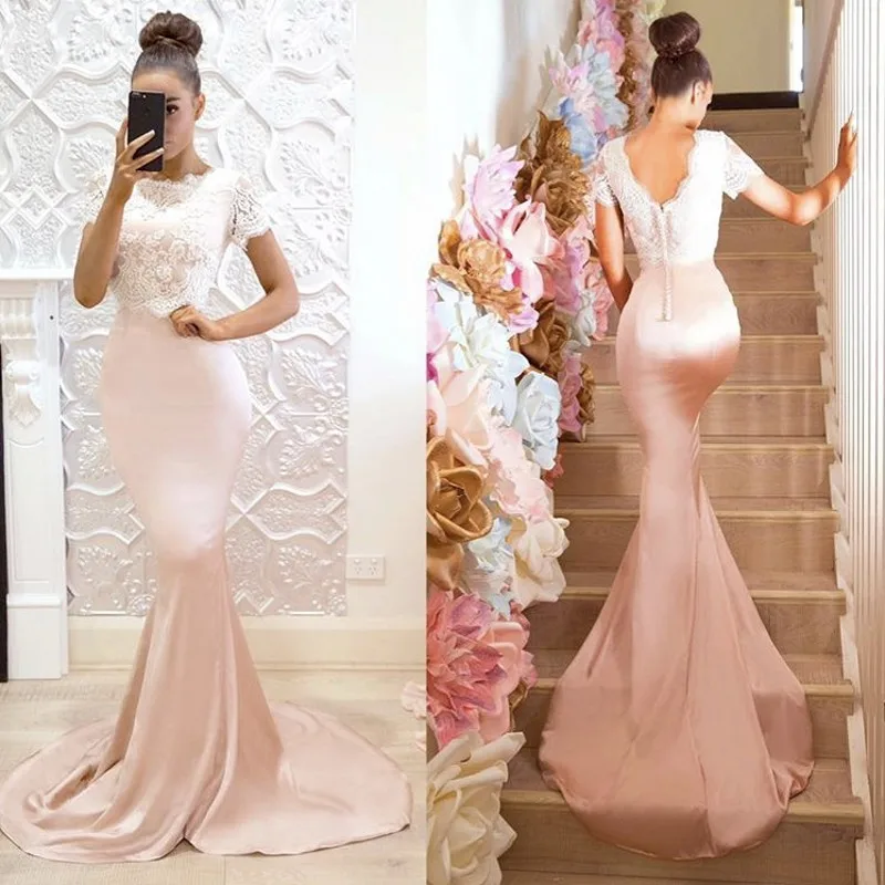 Vestido Madrinha Mermaid Lace Bridemaid Dresses Short Sleeves Appliques Pink Prom Dresses Sexy Back Dress for Wedding Party
Vestido Madrinha Mermaid Lace Bridemaid Dresses Short Sleeves Appliques Pink Prom Dresses Sexy Back Dress for Wedding Party