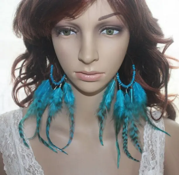 26B2 23 Круг Дерево Из Бисера Природный Синий Перо Серьги 1 Пара|blue feather earrings|feather