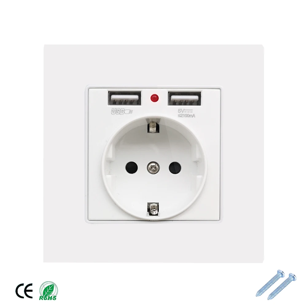 16A Wall Socket With 2 USB Charging Port 2.1A 16A Russia Spain Wall Socket EU Power Outlet 86*86mm
16A Wall Socket With 2 USB Charging Port 2.1A 16A Russia Spain Wall Socket EU Power Outlet 86*86mm