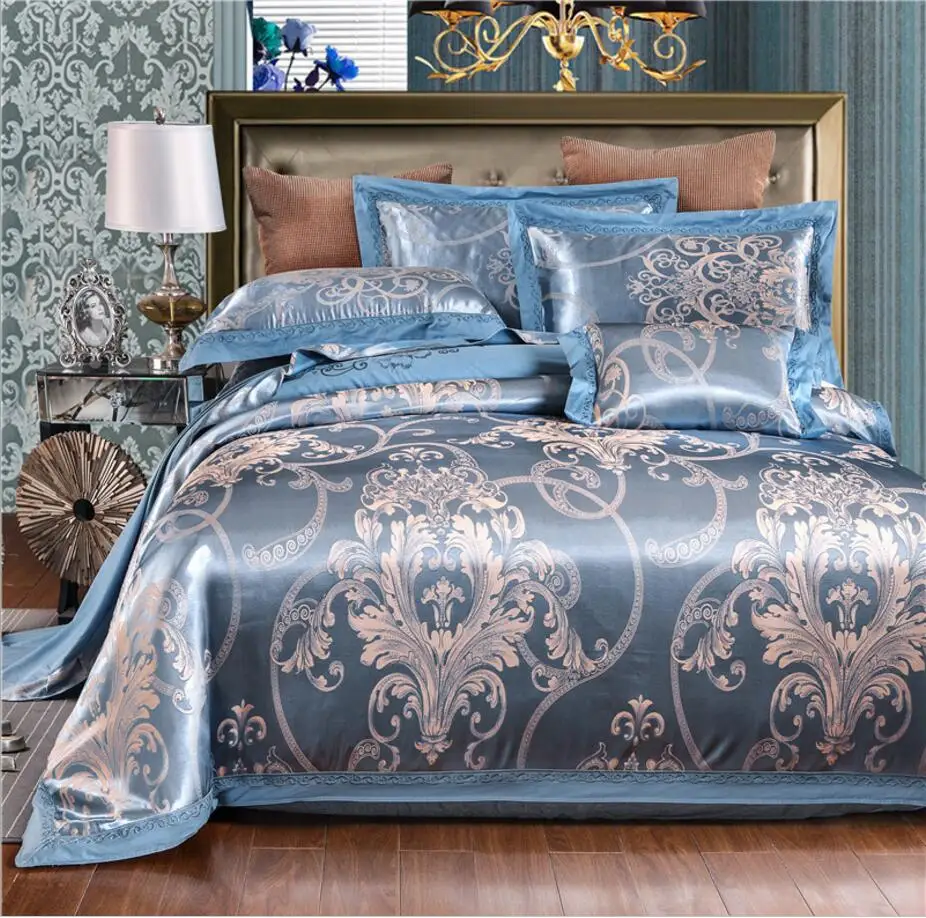 Bule/Golden/White Jacquard Bed Cover Cotton Home Textle Bedding Set Luxury Embroidered Satin Duvet Cover bedsheet Pillow cases
Bule/Golden/White Jacquard Bed Cover Cotton Home Textle Bedding Set Luxury Embroidered Satin Duvet Cover bedsheet Pillow cases