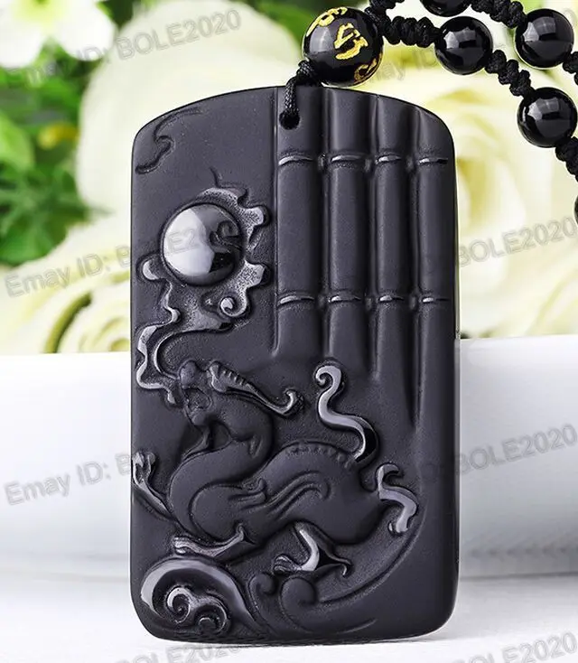Бесплатная доставка 100% натуральный черный обсидиан ручной резной Dragon Sun Lucky Amulet