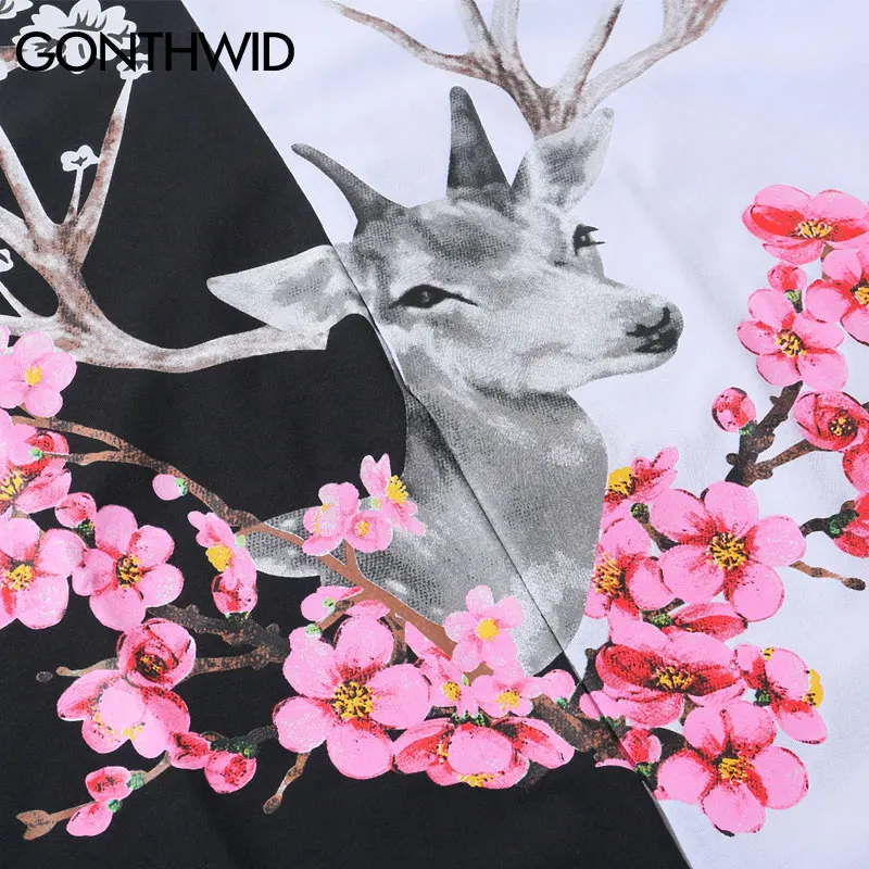 GONTHWID/уличная футболка в стиле хип хоп с изображением цветка сливы и оленя Harajuku