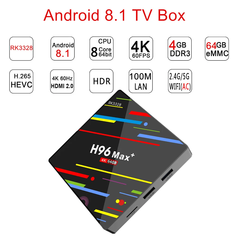 H96 max плюс tv box android 8 1 rk3328 Smart 4 К Гб оперативной памяти 64 ПЗУ 2 г/5 г двойной Wi Fi компл.