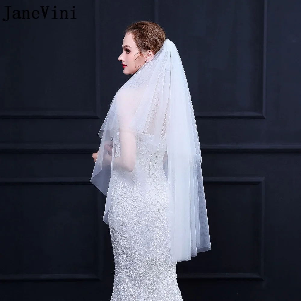 JaneVini Simple Cheap Ivory/White Wedding Veils Two Layers with Comb Elbow Length Veil Short Tulle Bridal Accessories | Свадьбы и