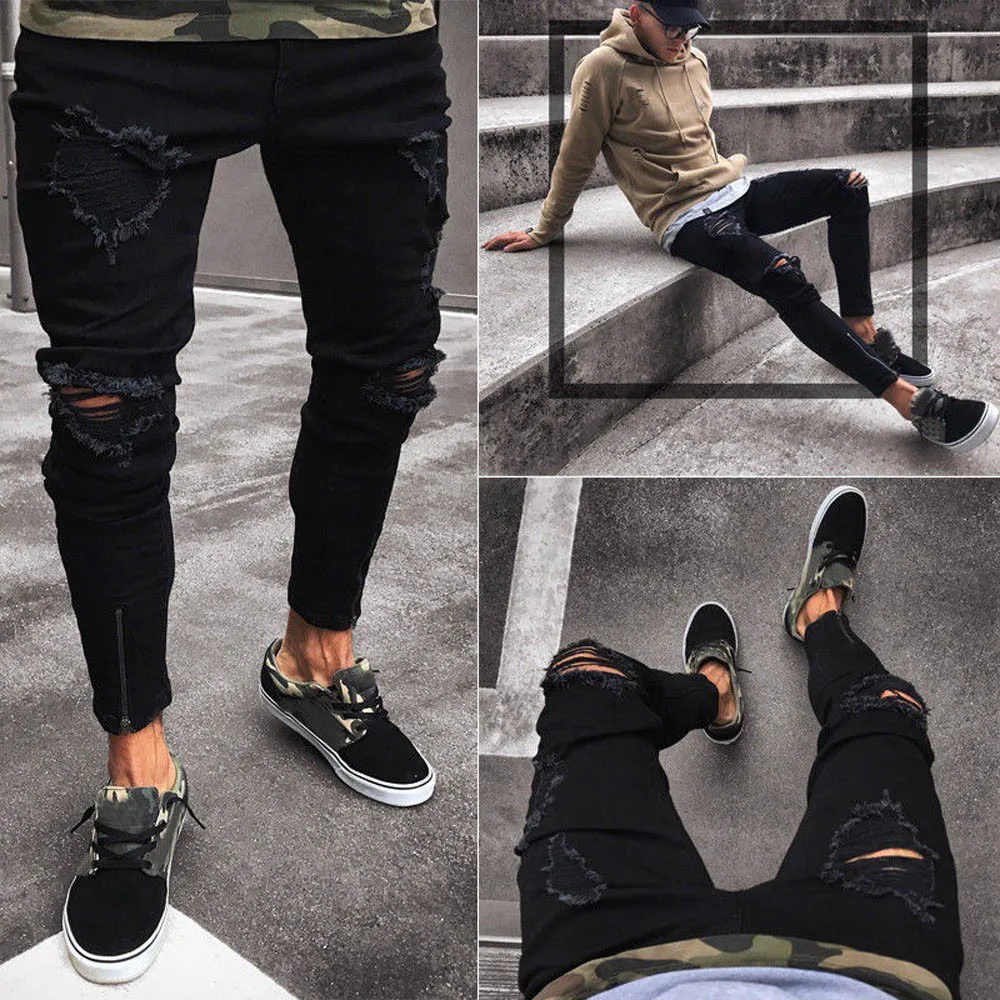 Men's Hole Jeans Stretch Jeans Casual Zipper Feet Jeans Black Jeans Distressed Rip Trousers Skinny Frayed Pants Y426
Men's Hole Jeans Stretch Jeans Casual Zipper Feet Jeans Black Jeans Distressed Rip Trousers Skinny Frayed Pants Y426