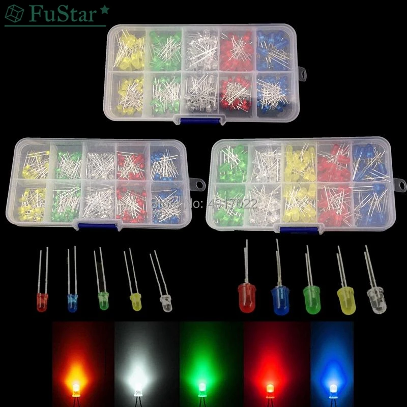 

200pcs/box 3mm + 5mm 2-3V 20mA Colorful Diodes Universal F3 F5 LED Light Assorted Kit Red Green Blue Yellow White DIY LEDs Diode