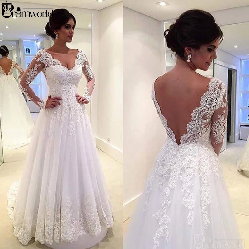 Elegant Lace Wedding Dresses Vestido De Noiva Appliques V-Neck Backless Bride Dress Illusion Long Sleeves Wedding Gown 2019
Elegant Lace Wedding Dresses Vestido De Noiva Appliques V-Neck Backless Bride Dress Illusion Long Sleeves Wedding Gown 2019