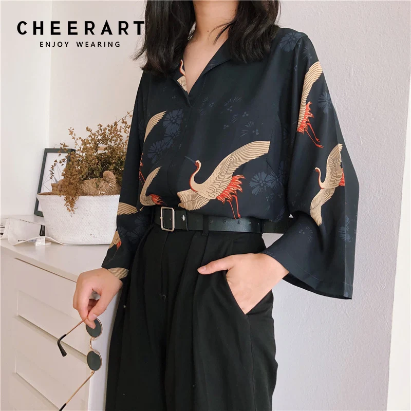 Cheerart Autumn 2018 Vintage Japanese Blouse Women V Neck Loose Top Femme Crane Print Black Fall Blouse Clothing
Cheerart Autumn 2018 Vintage Japanese Blouse Women V Neck Loose Top Femme Crane Print Black Fall Blouse Clothing