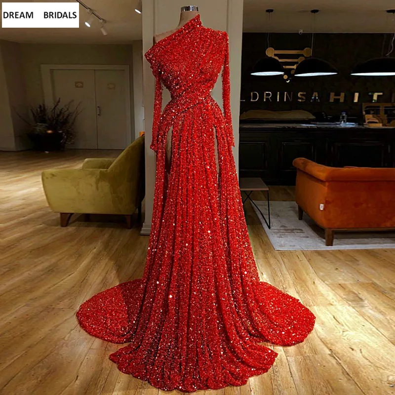 One-Shoulder Kaftan Evening Reflective Dresses Red Sequined Long Sleeves Dubai Pleat Formal Prom Party Dresses Abendkleider 2019
One-Shoulder Kaftan Evening Reflective Dresses Red Sequined Long Sleeves Dubai Pleat Formal Prom Party Dresses Abendkleider 2019