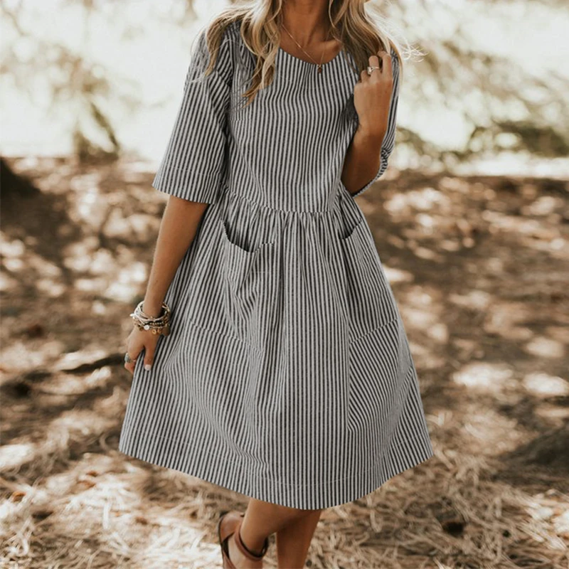 2021 ZANZEA Summer Women Elegant O Neck Cotton Linen Loose Casual Striped Dress Pockets Baggy Beach Vestido Robe
2021 ZANZEA Summer Women Elegant O Neck Cotton Linen Loose Casual Striped Dress Pockets Baggy Beach Vestido Robe