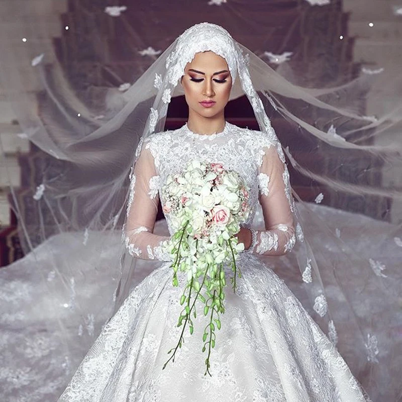 Роскошное белое мусульманское бальное платье свадебное с круглым вырезом