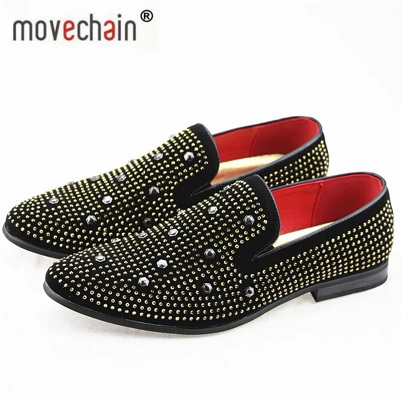 

movechain Men's Luxury Brand Suede Leather Loafers Mens Casual Rhinestone Rivets Moccasins Oxfords Shoes Man Party Driving Flats