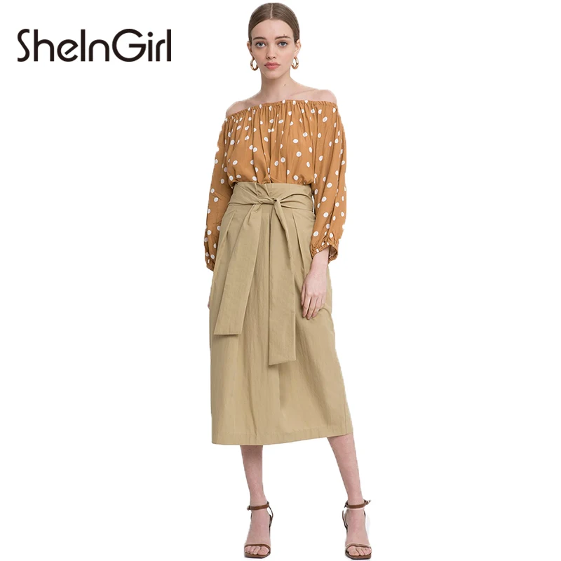 SheInGirl 2018 новая мода Tie Waist Brief юбки офисные леди Высокая талия до середины икры Юбки