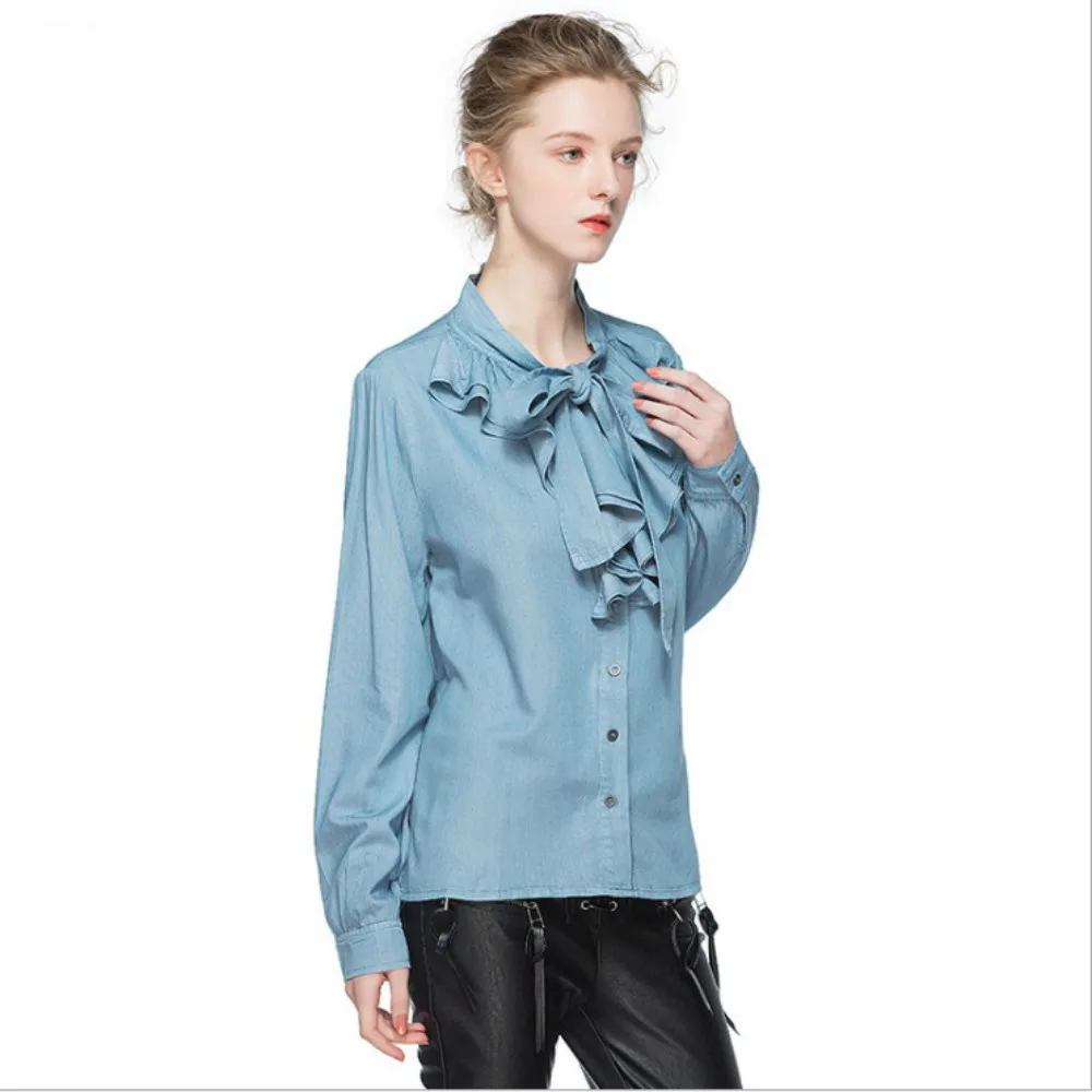 Newest Brand Women's Blouses Bow Ruffles Jeans Blue Color 2017 Winter Basic Top Feminine Shirts Casual Tops Office High Quality
Newest Brand Women's Blouses Bow Ruffles Jeans Blue Color 2017 Winter Basic Top Feminine Shirts Casual Tops Office High Quality