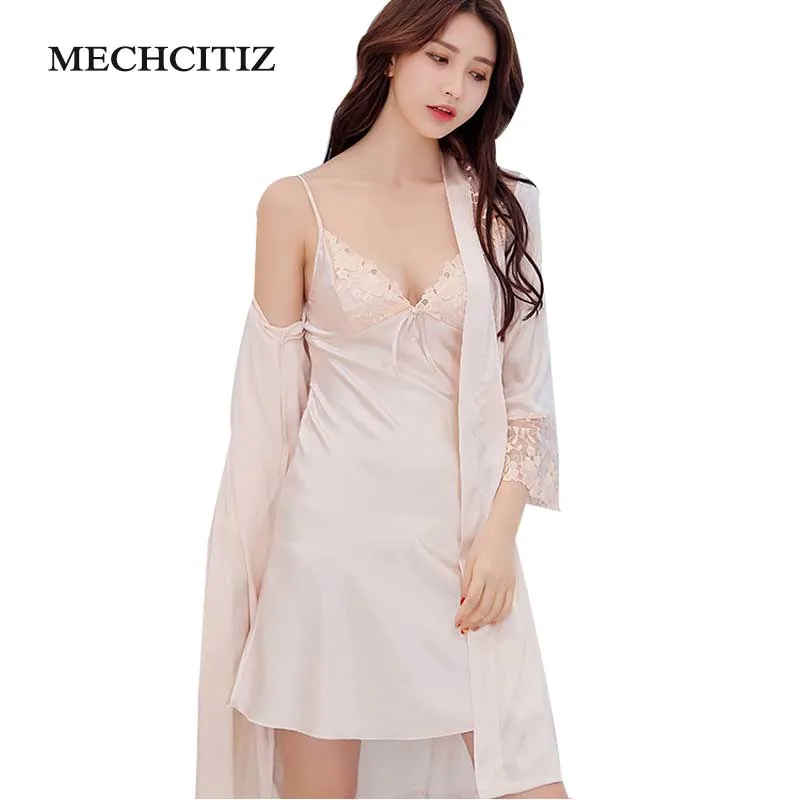MECHCITIZ 2018 летний женский сексуальный кружевной Шелковый халат и платье комплект