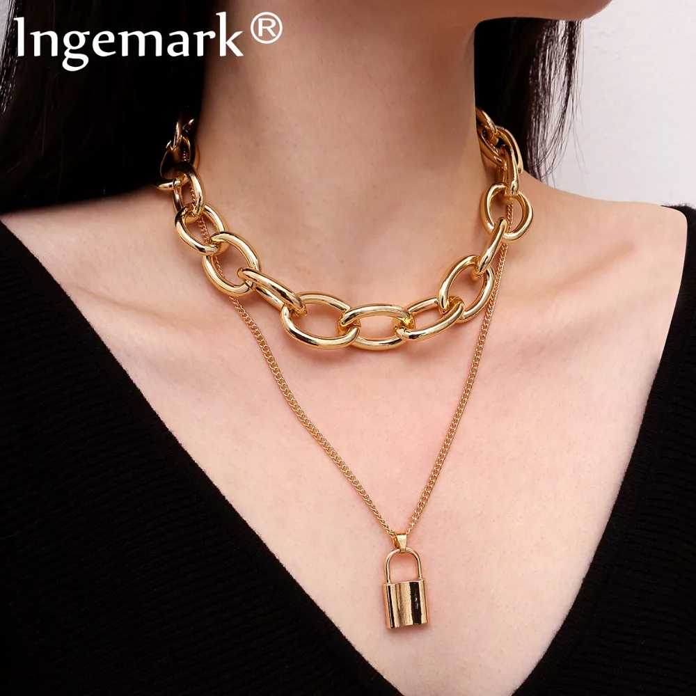 Punk Lover's Lock Pendant Choker Necklace Boho Clavicle Gold Color Thick Chain Necklace Collier Valentine's Day Gift 2018
Punk Lover's Lock Pendant Choker Necklace Boho Clavicle Gold Color Thick Chain Necklace Collier Valentine's Day Gift 2018