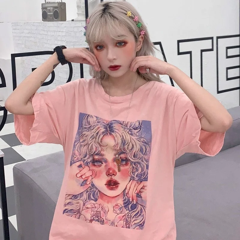 Girl T-shirt Top Casual Short Sleeve Lolita Harajuku Loose Gothic Pink Print T-shirt Short Sleeve Shirt 904-B123
Girl T-shirt Top Casual Short Sleeve Lolita Harajuku Loose Gothic Pink Print T-shirt Short Sleeve Shirt 904-B123