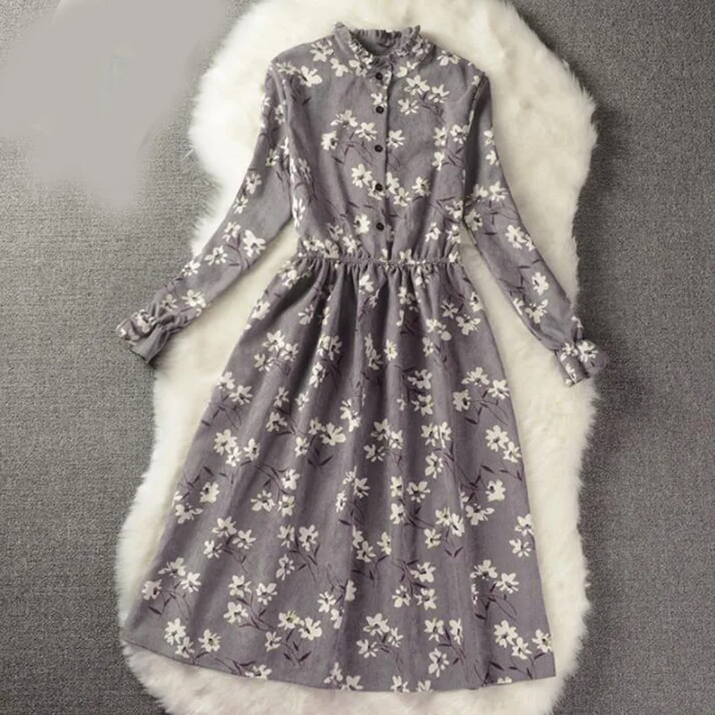 Autumn Winter Women Dress Floral Print Vintage Dress Slim Stand Collar Single Breasted Pleated Dress Slim Female Dress
Autumn Winter Women Dress Floral Print Vintage Dress Slim Stand Collar Single Breasted Pleated Dress Slim Female Dress