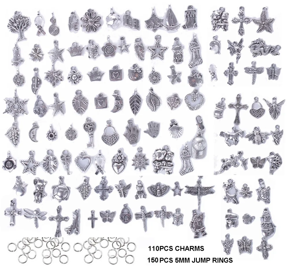 DIY CHARMS 110pcs Mixed Lots of Antiqued Silver Metal Mixture Charm Pendants W/Jump Ring
DIY CHARMS 110pcs Mixed Lots of Antiqued Silver Metal Mixture Charm Pendants W/Jump Ring