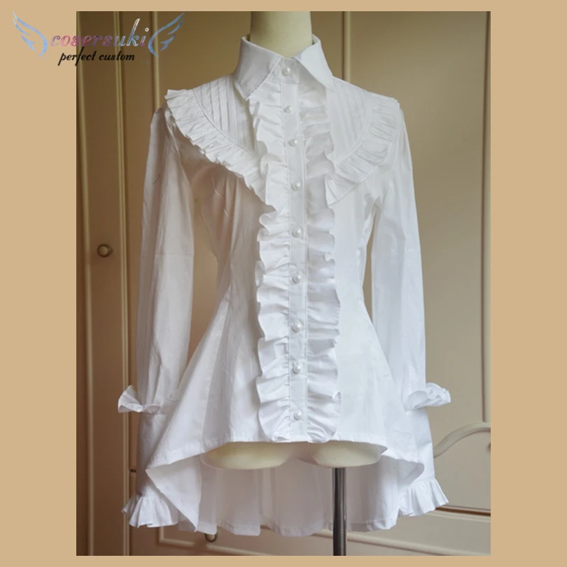 

White Cotton Fishtail-shaped Ruffles Turn-down Collar/White Chiffon Hime Sleeves Neck Straps Lace Trim Ruffles Lolita Blouse !