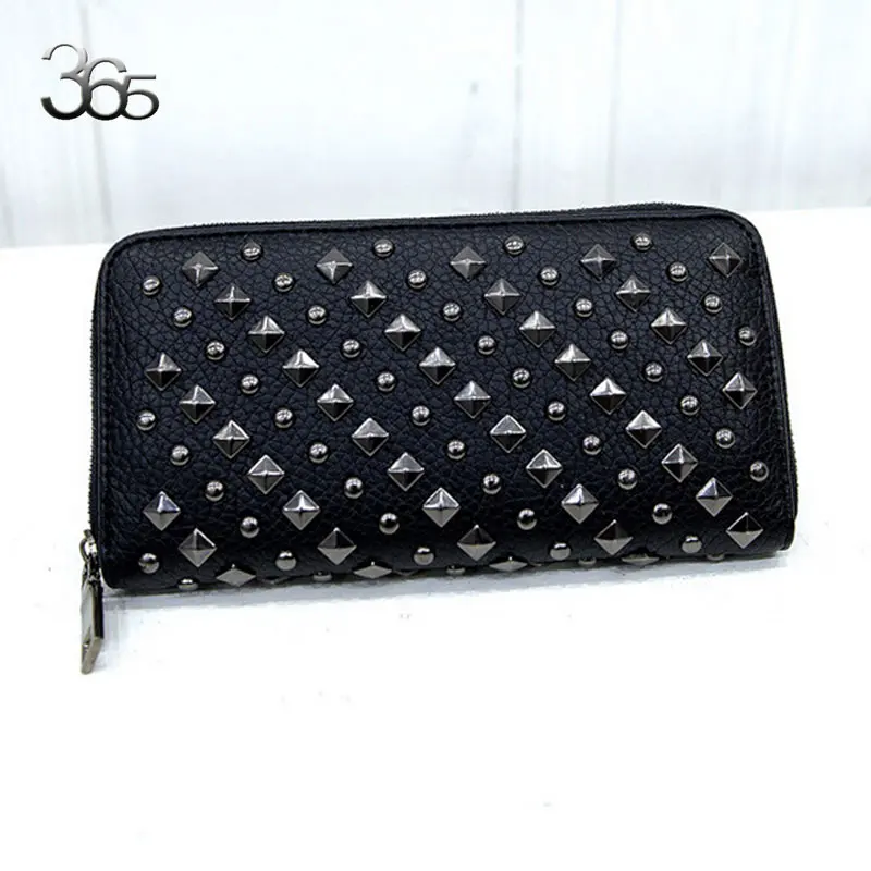 Free Shipping Black / Champagne Color Vintage Women Long Purse Rivet Leather Zipper Phone Clutch PU Wallets | Багаж и сумки