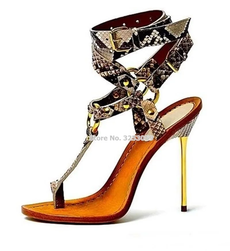 

ALMUDENA Women Gold Metal Heel Snakeskin Sandals Stiletto Heels Clip Toe Buckle Strap Dress Shoes Metal Ring Embellished Shoes