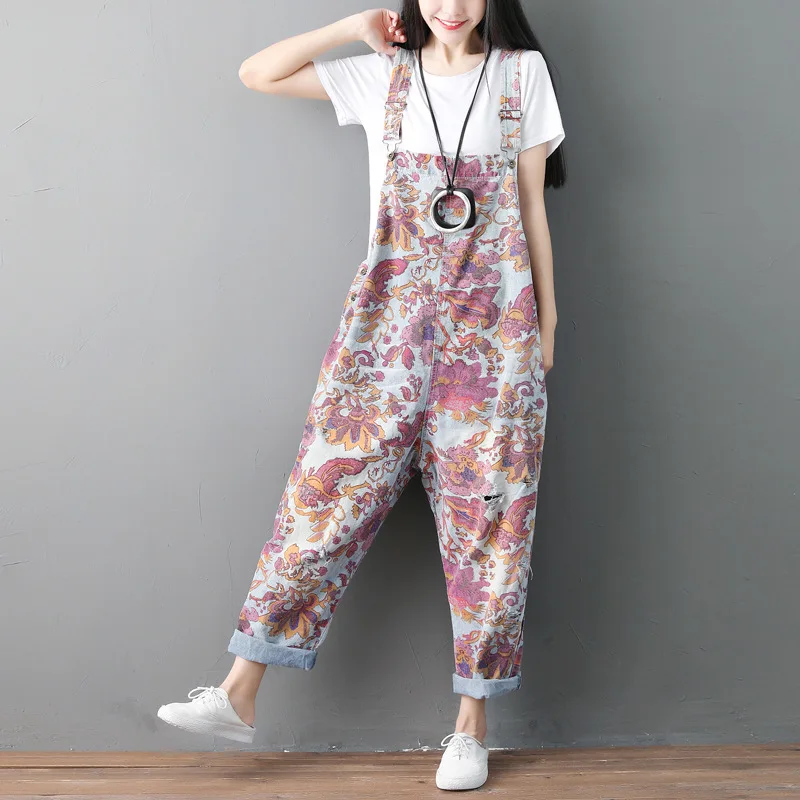 

Women Baggy Jumpsuits National Style Floral Thin Denim Overalls Drop Crotch Bib Pants Washed Big Size Rompers Harem Jeans YT629