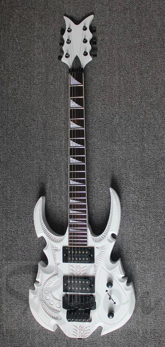 Weifang Rebon hand carved tremolo electric guitar with floyd rose bridge in satin white finish
Weifang Rebon hand carved tremolo electric guitar with floyd rose bridge in satin white finish