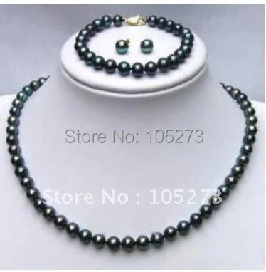 Stunning ! AA 7-8MM Black Freshwater Pearl Necklace Bracelet Earring Jewelry Set Wholesale Hot Sale New Free Shipping 
Stunning ! AA 7-8MM Black Freshwater Pearl Necklace Bracelet Earring Jewelry Set Wholesale Hot Sale New Free Shipping