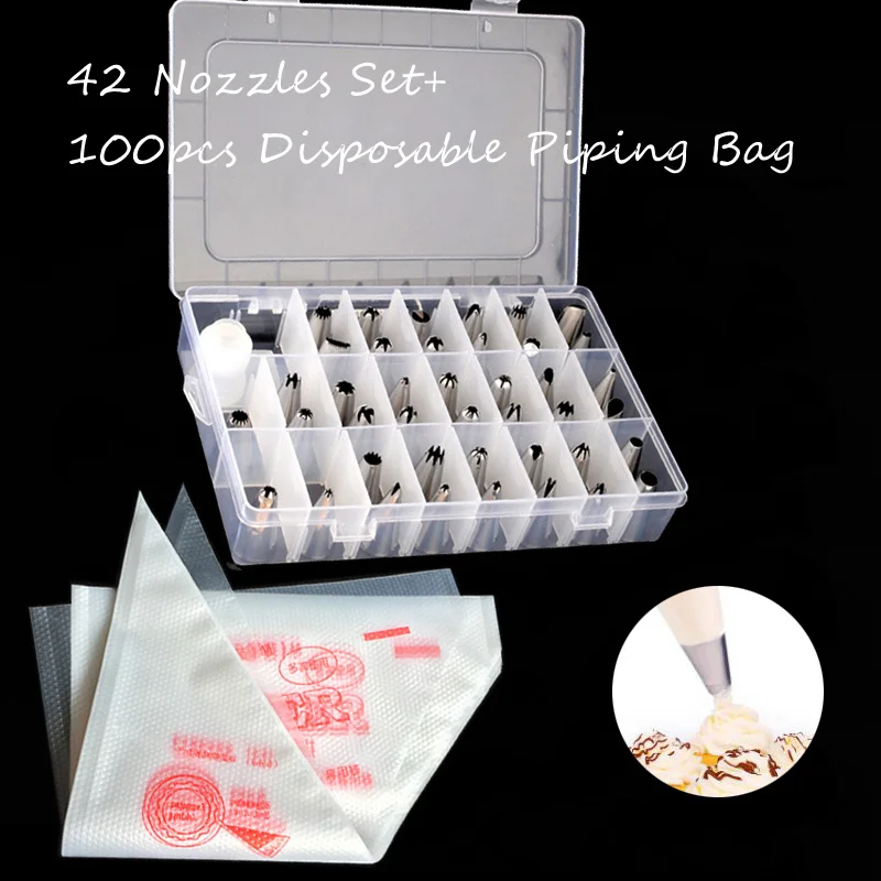 Dessert Decorators 100Pcs Disposable Piping Bag+42Pcs Various Sizes Nozzles Set Cake Cream Decorating Tip Tool
Dessert Decorators 100Pcs Disposable Piping Bag+42Pcs Various Sizes Nozzles Set Cake Cream Decorating Tip Tool