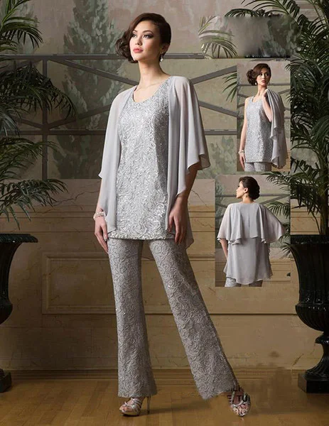 Silver Lace Mother Of The Bride Dresses Pants Suits With Chiffon Jackets Women Formal Wedding Party Guest Dress 3 Pieces
Silver Lace Mother Of The Bride Dresses Pants Suits With Chiffon Jackets Women Formal Wedding Party Guest Dress 3 Pieces