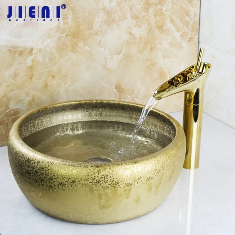 JIENI Golden Wine Glass Waterfall Brass Faucet Bathroom Washbasin Ceramic Deck Mount Combine Lavatory Bath Set Faucet Mixer Tap
JIENI Golden Wine Glass Waterfall Brass Faucet Bathroom Washbasin Ceramic Deck Mount Combine Lavatory Bath Set Faucet Mixer Tap