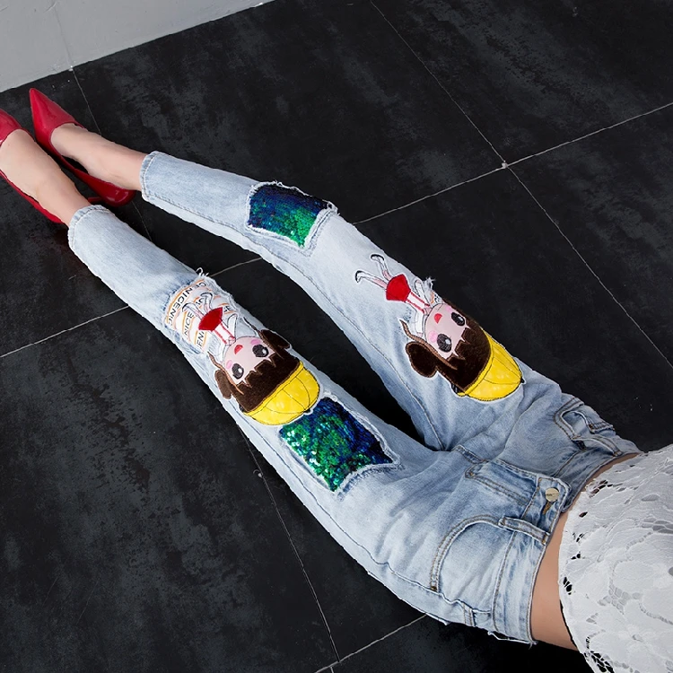 2018 New Spring Summer Fashion Women's Denim Trousers Cartoon Sequins Cartoon Hole Students Jeans Slim Female Cropped Pants
2018 New Spring Summer Fashion Women's Denim Trousers Cartoon Sequins Cartoon Hole Students Jeans Slim Female Cropped Pants