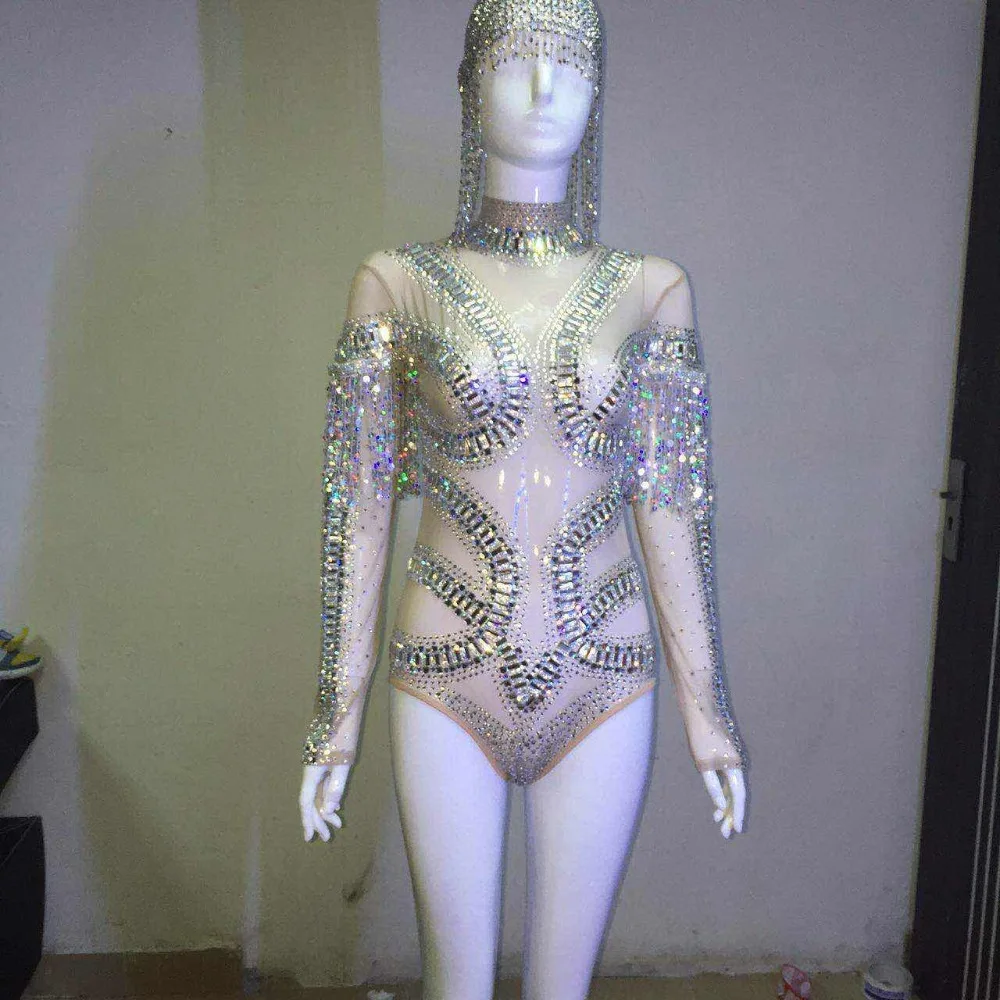Sexy Shining Bodysuit Stage Wear Crystals Sequins Nightclub Costume Party Female Singer Outfit Tassel Headdress 
Sexy Shining Bodysuit Stage Wear Crystals Sequins Nightclub Costume Party Female Singer Outfit Tassel Headdress