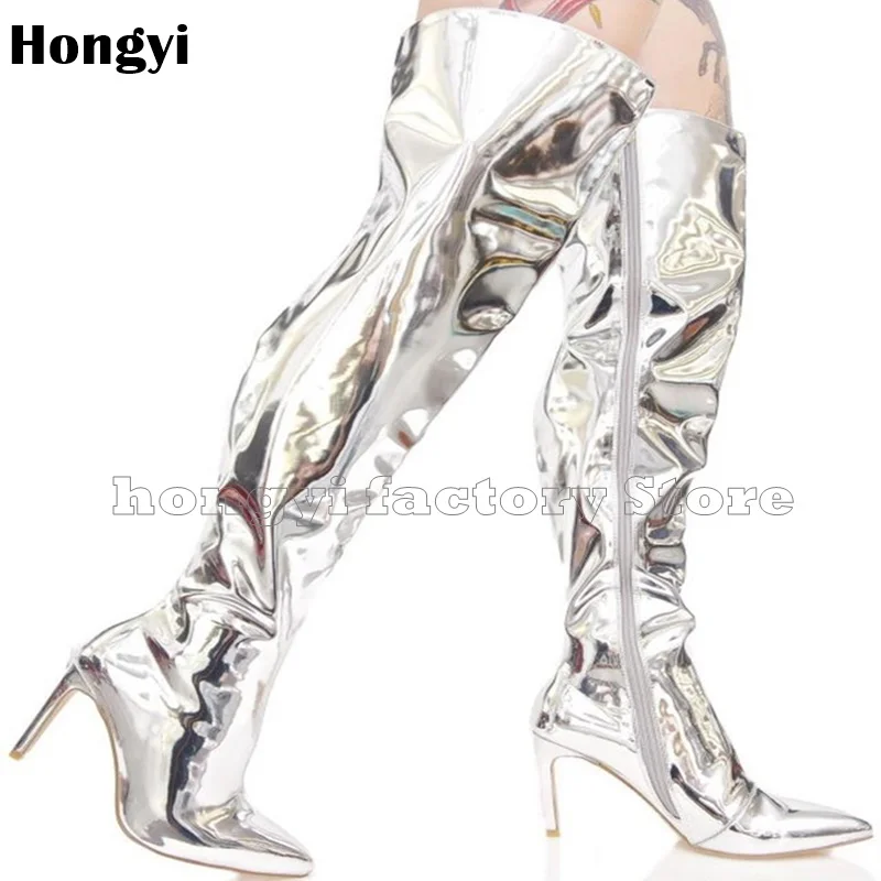 Fashion Mirror Leather Silvery Pointed Toe Thin High Heel Over The Knee Boots Women Inside Zipper Gladiator Thigh High Booty
Fashion Mirror Leather Silvery Pointed Toe Thin High Heel Over The Knee Boots Women Inside Zipper Gladiator Thigh High Booty