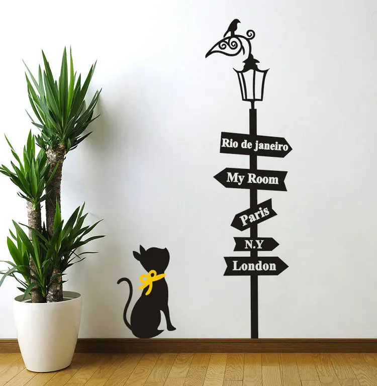 Фото Съемный DIY стикер на стену Черный кот птица уличная лампа дорожный настенный знак