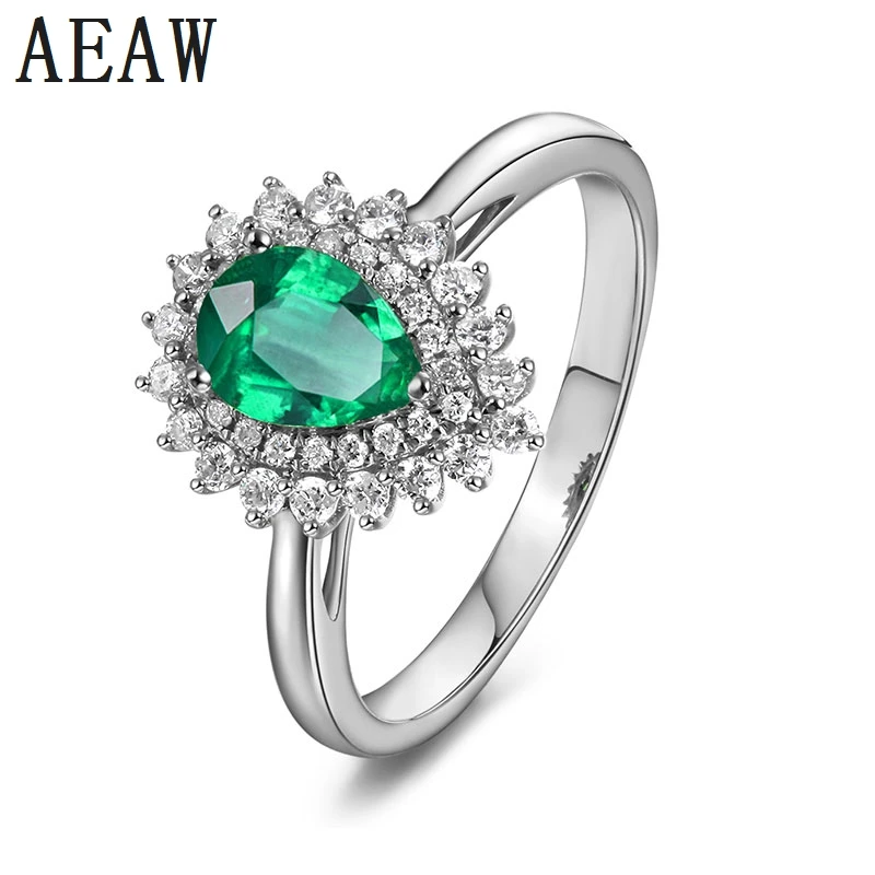 

2.0CT Pear Shape Colombian Lab Created Emerald Cluster Engagement Ring Solitare with Moissanite Solid 14K White Gold for Women
