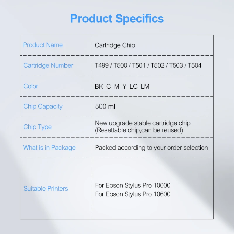 T499-T504 T499 Ink Cartridge Chip 10000 Permanent Chip 10600 ARC Chip For Epson Stylus Pro 10000 10600 Printer (6Colors Options)
T499-T504 T499 Ink Cartridge Chip 10000 Permanent Chip 10600 ARC Chip For Epson Stylus Pro 10000 10600 Printer (6Colors Options)